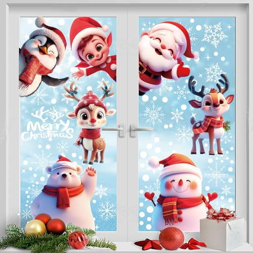 JOFONY Weihnachten Aufkleber Fenster,8 Blatt Fensteraufkleber für Weihnachten,Schneeflocken Weihnachtsmann Elch Fensterbilder für Fensterdekoration,Türen,Schaufenste