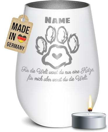 PR Print Royal Trauer Windlicht mit Gravur für Katzen - Du warst Meine Welt - mit Name - Erinnerungslicht, Gedenklicht, Trauergeschenk | inkl. Teelicht, 450 ml, Weiß/Silber