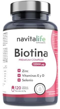 Biotina para el cabello 12.000 mcg. Con Selenio + Zinc + Vitaminas E y D. Repara y aumenta el crecimiento de tu pelo, mejora la calidad de tus uñas y piel. 4 meses de Tratamiento. 120 Cápsulas.