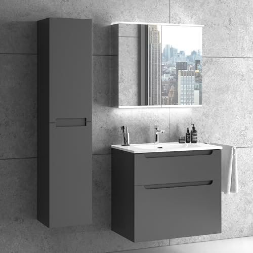 Badmöbel Set Premium 80 cm anthrazit matt lackiert mit Hochschrank und Spiegelschrank | Keramikwaschbecken | Unterschrank | Spiegelschrank | Hochschrank | Waschbeckenunterschrank Badezimmerschrank