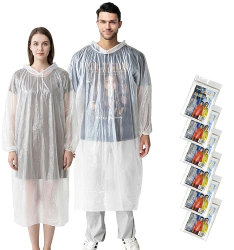 Jsdoin Poncho Waterproof Adult 6 Pack Disposable Rain Poncho with Hood, Clear Raincoats for Outdoor Concert, Camping, Theme Park, Hiking