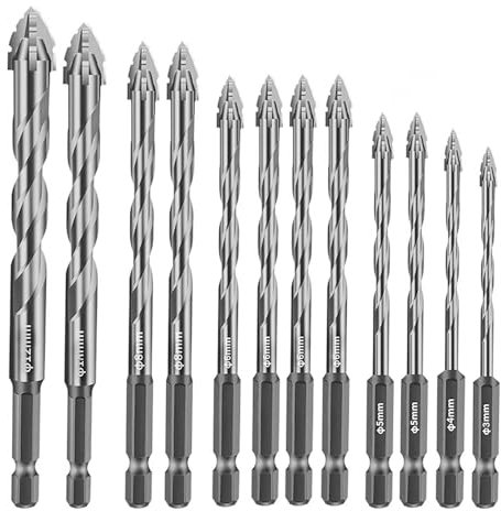 Exzenterbohrer Set 12-tlg, Sägezahnbohrer mit 4 Schneiden, Vierschneidiger Gezackter Bohrer mit 1/4 Sechskantschaft, Hochharte Multifunktionsbohrer für Glas, Keramik, Holz & Metall (3–12 mm) (Silber)