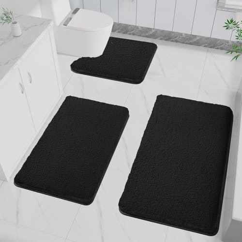 LUOJINYI 3 Stück Badematte rutschfest, Weich Wasserabsorbierende, Shaggy Hochflor-Mikrofasermatte für das Badezimmer, Badvorleger Maschinenwaschbar für Badewanne, Dusche und Badezimmer (Schwarz)