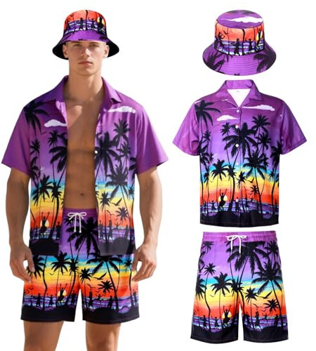 Moerstar 3 Pièces Chemise Hawaïenne Manches Courtes pour Homme avec Short Chapeau, Chemisette Hawaienne Homme Palmiers Océan pour l'Été la Plage les Fêtes (Violet, XL)
