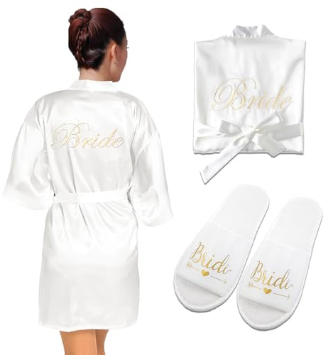Billowvolve V Ausschnitt Damen Brautjungfern Roben Kimono Bride Morgenmantel Bademantel Satin Nachtwäsche Badmantel Braut Kurz mit Hausschuhe für Hochzeit、Pajama Party