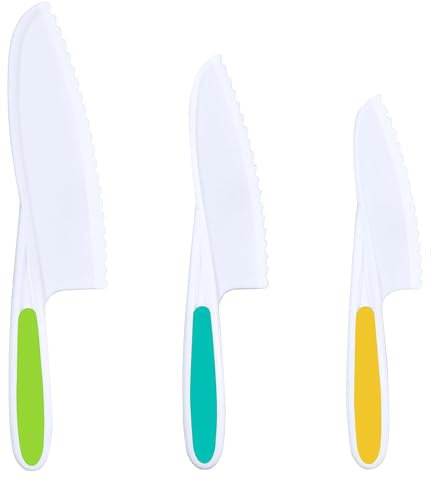 WQEDVN 3 PCS Kitchen Safety Knives for Kids, Toddler Knife Set for Chopping, Kids Knife Set for Chopping, Toddler Knives, for Vegetables, Fruits, Salad, Cake(Green+Blue+Yellow)