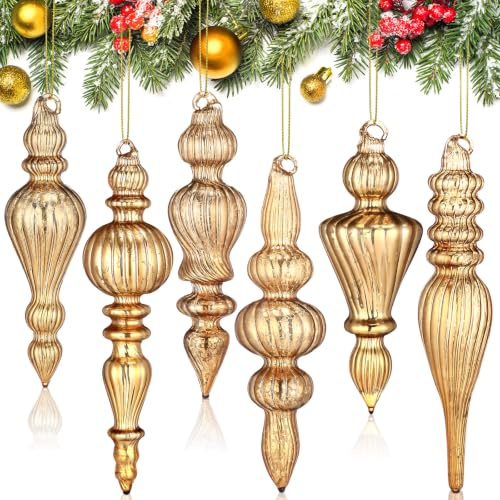 Soaoo 6 Stück 16,3 cm Rotgold Quecksilberglas Endstücke Weihnachtsschmuck hängende Weihnachtsabschlüsse Glasornamente sortiert Quecksilber Dekor für Weihnachtsbaum Vintage Feiertagsdekoration