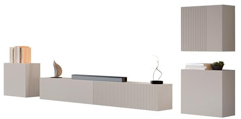 Mirjan24 Wohnwand Cholon IV 4-teilig (Cashmere) | Moderne Anbauwand mit 3 quadratischen Hängeschränken, TV-Lowboard, geriffelten Fronten und Push-to-Open-System