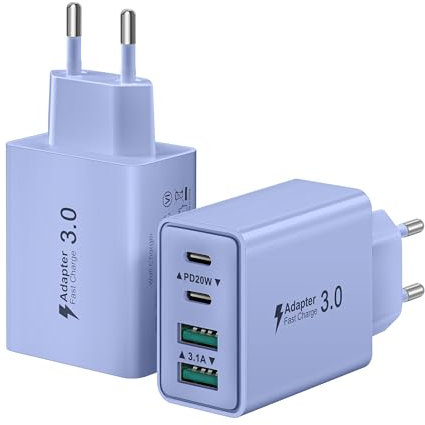 2-Pack USB C Ladegerät Stecker, 40W 4-Ports Netzteil USBC Fast Charger Mehrfach Ladegerät PD 3.0 Power Adapter Ladestecker Schnellladegerät für iPhone 16 15 14 13 12 11 Pro Max Plus, iPad, Samsung
