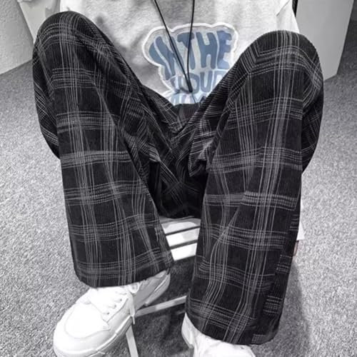 Loose Fit Plaid Drawstring Pants for Men, Featuring MidRise Elastic Waistband for Easy Wear (XL Black)