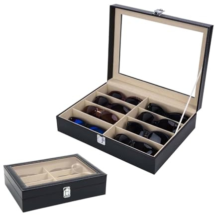 Brille Aufbewahrungsbox Organizer,Brillenbox zur Aufbewahrung,Stapelbar Brillenkoffer, Brillenkoffer,Brillen Box zur Aufbewahrung von 8 Brillen,8 Fächer,Sonnenbrillenständer mit Glasabdeckung,Schwarz