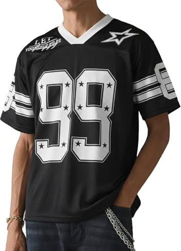 HAWILAND V-ringad T-shirt Herr Oversized Fotbollströja Kortärmad Sportshirt Herr Streetwear Y2K Hip Hop Outfit, svart, S