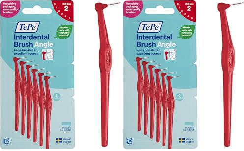 TePe Angle Interdentalbürste, Rot, 0,5 mm/ISO 2, 6 Stk., Zahnwischenraumreinigung, Plaque-Entferner für kleine Zahnlücken (Packung mit 2)