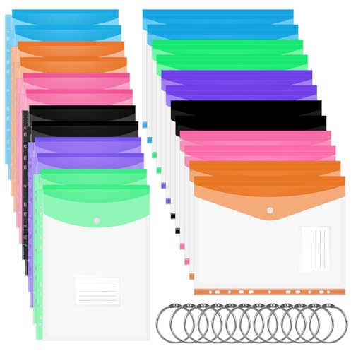 Huiguli 24 Stück Wasserdicht Dokumententasche A4 | Erweiterbare Transparente Dokumentenmappe A4 mit Druckknopf, 11 Löcher,Etikettentasche und 12 Binderingen (6 Farben)
