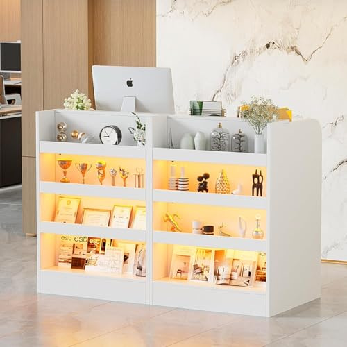 Empfangstheke mit LED, Kleiner Verkaufstheke 95 x 60 x 60cm mit Abschließbare Schubladen und 4-Regale, Rezeptionstheken mit Arbeitsfläche,Rezeptionstheke für Büro,Salon,Geschäft oder Café,weiß (2)