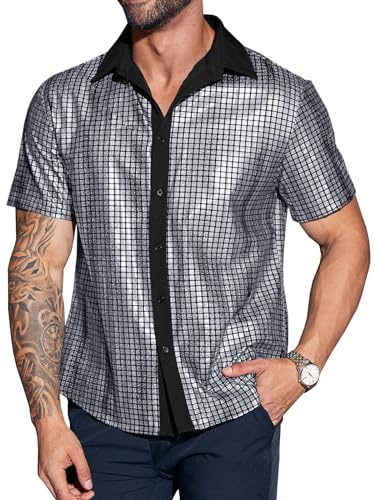 Runcati Herren Disco Hemd Kurzarm 70er Glitzer Hemden Männer Sommer Vintage Pailletten Party Shirt Karneval Kostüm Nachtclub Oberteil