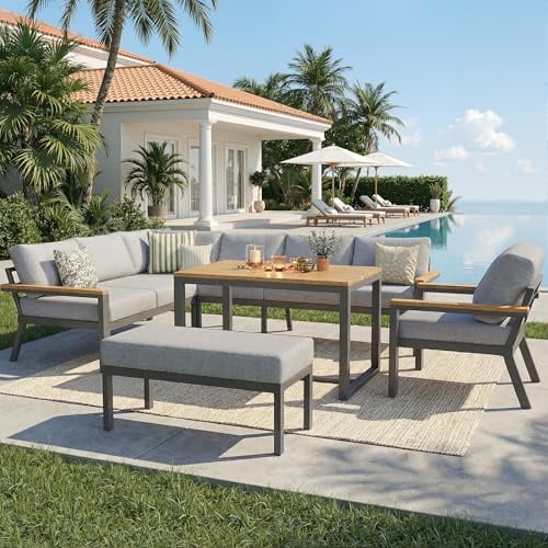 YSMerax Achtpersonen L-förmiges Gartensofa-Set mit Holztisch Wetterfeste Eckgarnitur aus Eisen Inkl. Sessel, Bank & Holz-Arbeitsplatte Mit grauen Polstern
