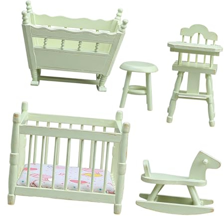Hsyzygian Wooden Dollhouses Furniture Collection Baby Bed High Chair and Rocking Horse for Kids Play Wooden Accessories Miniature Furniture