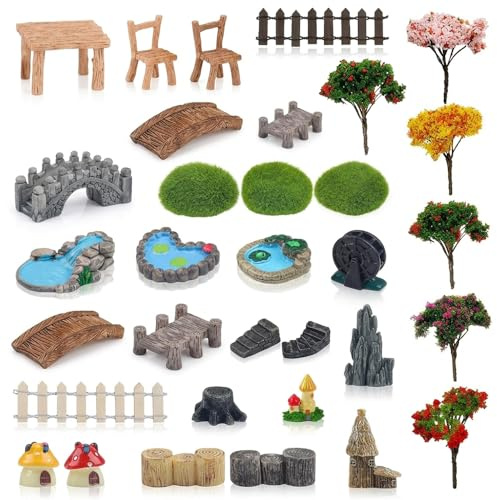 31 Pcs Fairy Garden Accessories Set Resin Miniature Garden Decor for Plant Pots Terrariums Bonsai Outdoor Decoration