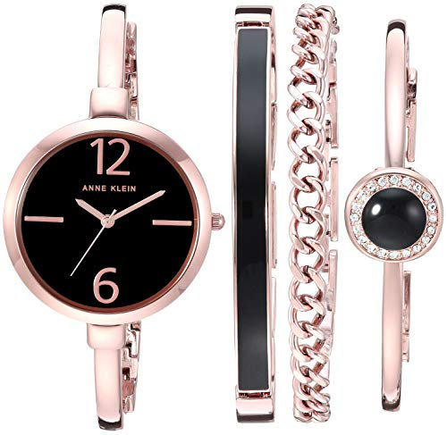 Anne Klein Montre bracelet femme avec cristaux Swarovski, Noir/or rose, Robe