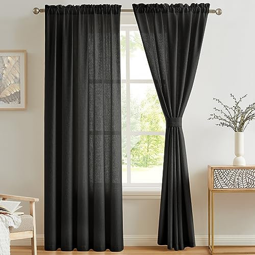 Melodieux Vorhänge Schwarz Transparent Leinen Optik Voile Gardinen für Wohnzimmer Schlafzimmer, 2er Set 245x140cm