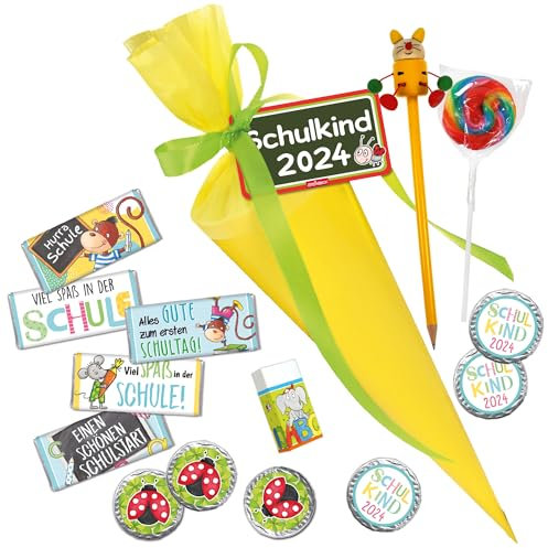 Steinbeck Einschulung - Schultüte gefüllt 36cm Schulkind 2025 - Schokolade Regenbogen-Lutscher Bleistift Radiergummi Geschenk