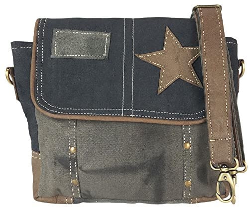 Sunsa Damen Umhängetasche. Messenger Tasche aus Canvas/Leder. Kleine Vintage Crossbody Bag mit Stern. Retro Schwarze Schultertasche. Nachhaltig Handtasche als Geschenkideen.
