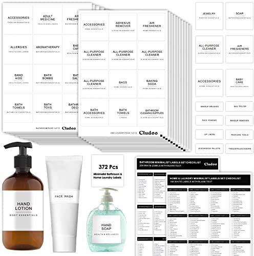 Cludoo 372 Stück vorgedruckte minimalistische Etiketten für Zuhause, Wäsche, Badezimmer, zum Organisieren mit selbstgemachten Blanko-Etiketten, wasserdicht, ölbeständig, Aufkleber für Badezimmer,