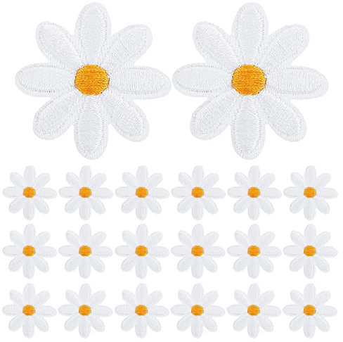 QESSUVNC 20 Stück Gänseblümchen Blume Patches, Aufnäher zum Aufbügeln, Aufbügelbilder Blumen Patches, Gestickte Applikationen zum Aufnähen für DIY Dekoration Kleidung T-Shirt Rucksack Hoodies Jeans