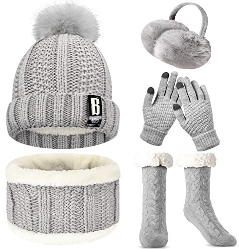 WEASIC Mütze, Schal & Handschuh-Set für Damen - Weihnachtsgeschenke Mit Kuschelsocken, Stoppersocken - Grau