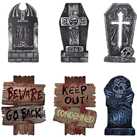 Winwild Halloween Deko Garten Rip Friedhof Grabsteine Set,6 Stück Hof-Schilder Roadside Vorsicht Requisiten mit Erdspießen für Halloween-Party, Spukhaus, Friedhof und Rasen im Freien