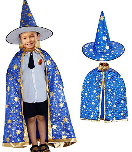 JUHONNZ Halloween Zauberer Kostüm,Halloween Zauberer Umhang mit Hut Kinder Magie Zauberer Kostüm für Cosplay-Festivel-Party