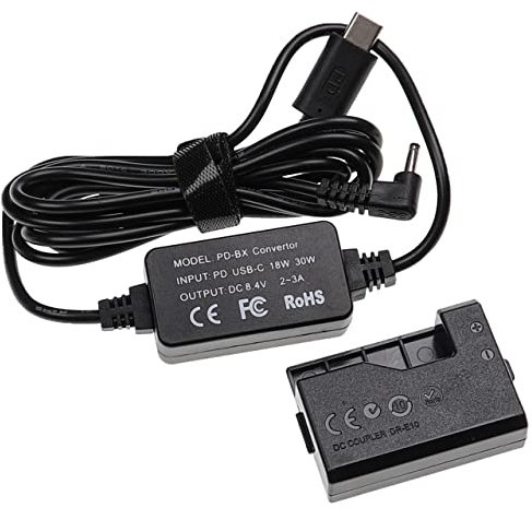 vhbw USB Netzteil kompatibel mit Canon EOS 1200D, 1100D, 1300D Kamera, Digitalkamera, DSLR - Netzkabel + DC Kuppler (Ersatz für Canon DR-E10), 2m
