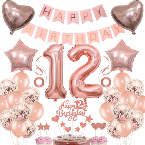 Deko 12. Geburtstag Mädchen Tortendeko Rosegold - Geschenk für 12 Jahre Mädchen Mit Ballon