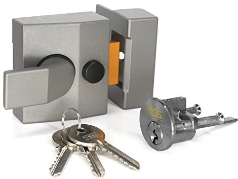Standard Deadlocking Nightlatch, 40mm Backset, Complete with Rim Cylinder Lock Supplied with 3 Keys. External Door Lock for Front Door and Back Door. (Grey/Silver Cylinder)