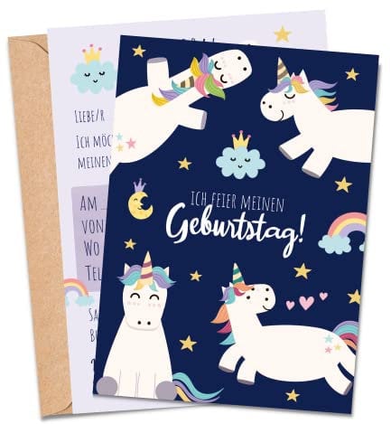 MeinBaby123® 10 Einladungskarten Kindergeburtstag Mädchen | süße Geburtstagseinladungen für Kinder | Einhorn Einladungskarten | inkl. 10 Briefumschläge | Premium Qualität (Einhorn V2)