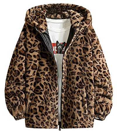 Mens Leopard Fleece Jackets Full Zip with Pockets Sherpa-Lined Hooded Teddy Fleece Sweatshirt Winter Warm Thick Cashmere Patchwork Fluffy Hoodie Jacket UK Clearance Size 8-18