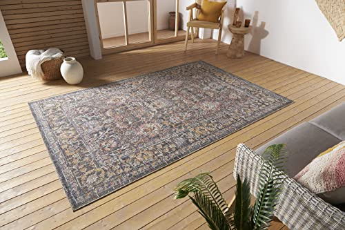 Nouristan Port Said In- & Outdoor Teppich Orientalisch – Flachgewebe Orient Muster Vintage Used Look Waschbar Wetterfest & UV-beständig für Balkon, Terrasse, Garten, Wohnzimmer – Creme Blau, 190x280cm