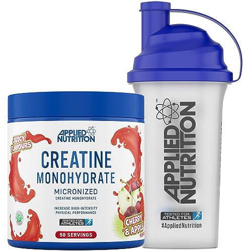 Applied Nutrition Creatine + 700ml Shaker | Creatine Monohydrate Micronized Powder with Flavour, Increases High-Intensity Physical Performance (250g - 50 Servings) (Cherry & Apple)