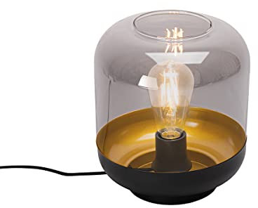 Qazqa - Design Design-Tischlampe schwarz mit Gold I Messing und Rauchglas – Kyan I Wohnzimmer I Schlafzimmer - Rund - LED geeignet E27