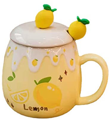 UFOTSAM Coffee Mug Cups Ceramic Tea Cup Fruits Lemon Shaped Handmade Cute Mugs With Lid Spoon Handle Office Home Hot Ice Chocolate Milk Mugs Gifts Microwave Dishwasher Safe 17 Oz Travel Mugs (Yellow)