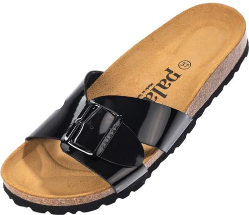 Palado Pantoletten Damen Tinos - bequeme Sandalen Made in Spain - elegante Hausschuhe mit Kork-Fußbett - modische Sommerschuhe Schwarz Lack/Schwarz UK3,5 - EU36