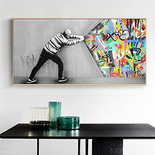 Banksy Poster und Drucke, Kunst, Graffiti, Street Art, Gemälde hinter dem Vorhang, Leinwand-Wandkunst, Bilder für Wohnzimmer, 75 x 150 cm (30 x 59 Zoll) mit goldenem Rahmen