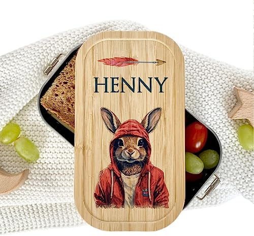 Manufaktur Liebevoll - Personalisierte Brotdose mit Fächern, Edelstahl Lunchbox mit Bambus Deckel u. Trenner, Nachhaltige Brotbüchse | Mädchen, Jungen (Motiv Hase, Edelstahl | Größe M)