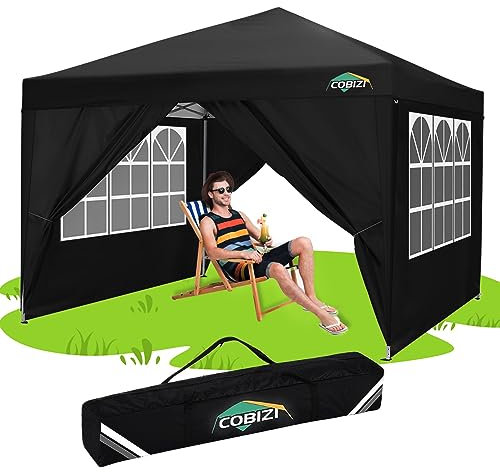 COBIZI Pavillon 3x3, Partyzelt, Faltpavillon 3x3 Wasserdicht Stabil |8X Heringe|4X Windseil|UV-Schutz 50+|Hoch Dichte Plane|Partyzelt Faltpavillon 3x3 Gartenpavillon, Schwarz