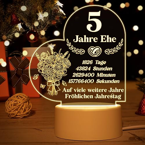 Vetbuosa 5. Hochzeitstag, Holzhochzeit Geschenk - Acryl Nachtlampe, 5 Jahre Jubiläum Deko, Geschenke Zum 5. Hochzeitstag, 5. Hochzeitstag Geschenke für Frau Frauen Männer Paare Ehemann