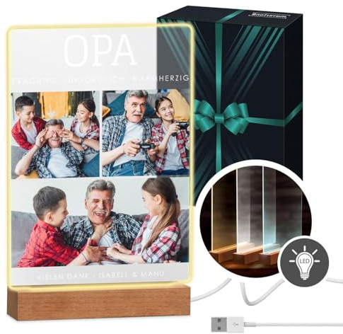 Maverton beleuchteter LED-Rahmen mit Holzständer - personalisiertes Acryl Glasbild mit eigenem Foto mit LED-Beleuchtung - Glasfoto für Männer zum Geburtstag - Größe: 21x32x4,5cm - Opa
