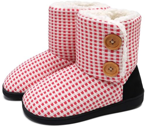 KuaiLu Hohe Hausschuhe Boots Damen Winter Fell Gefütterte Hausstiefel Frauen Warme Flauschige Plüsch Hüttenschuhe Kuschel Geschlossen Hausschuhe Stiefel Warm Slippers Women Puschen Rot-Weiß 40-41 EU