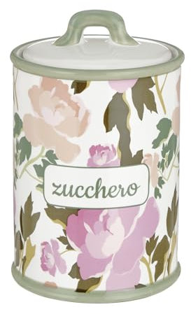 Baroni Home Barattolo Zucchero Decorato in Ceramica con Coperchio Ermetico, Accessorio da Cucina Colorato Resistente, Linea Rose, 11x11x17 cm