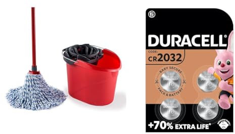 Vileda SuperMocio Microfibre and Cotton Mop and Bucket Set, Mop for Cleaning Floors & DURACELL 2032 Lithium Coin Batteries 3V (4 Pack) - Up to 70% Extra Life - Baby Secure Technology